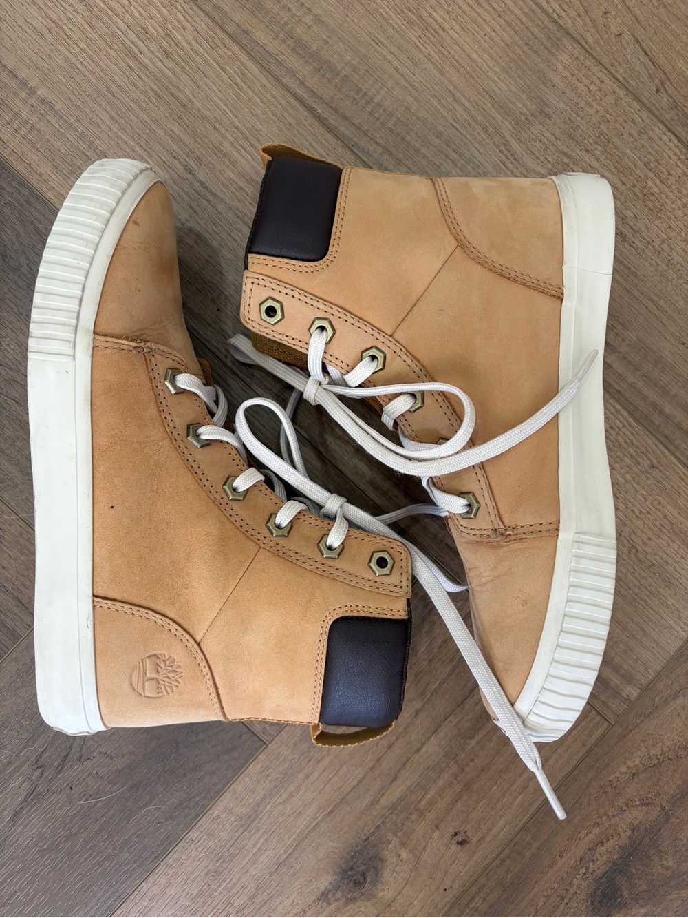 Timberland Tan Nubuck High-Top Sneakers with White Soles